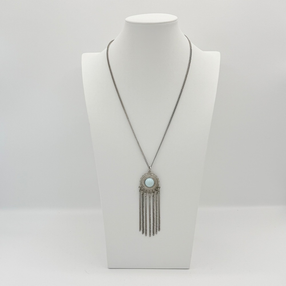 Silver Tone Fringe Pendant Necklace Pale Blue Cabochon Boho Statement